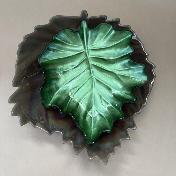 5 pc Glass Ceramic Maple‎ Leaf Handcrafted Tray Candy Dish Green/Red/Gray - Picture 3 of 16